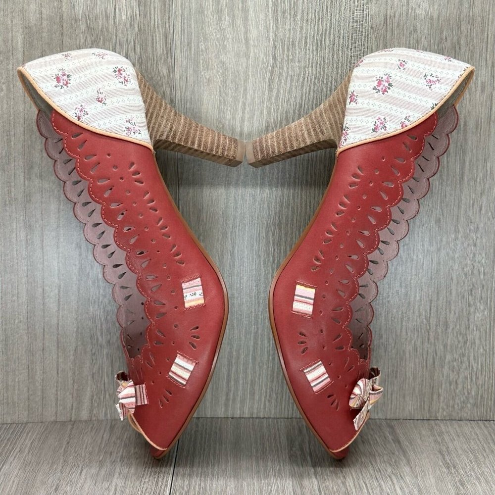 Kenzie Shoes Womens 9M Harvest Laser-Cut Peep Toe High Heel Pumps Leather Red - Picture 8 of 12